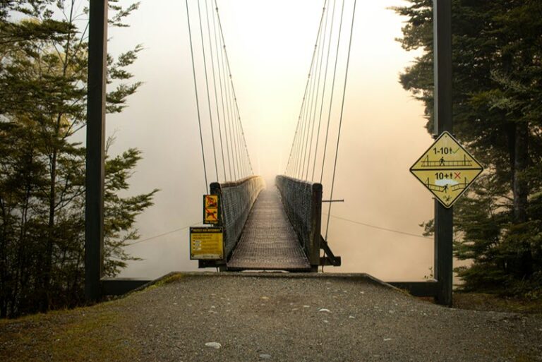 A wooden footbridge stretching into golden mist, its far side hidden from view