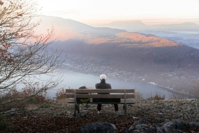 A person sitting alone on a bench, looking out over a misty valley