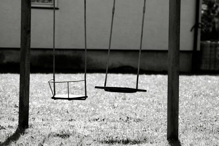 Two empty swings hanging side by side in a garden, in black and white