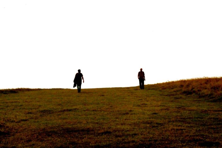 Two people walking apart across a grassy hilltop, seen in silhouette